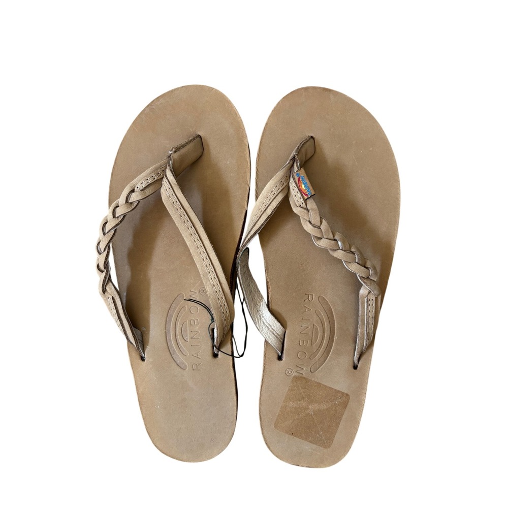 Rainbow Sandals Womens Braided Leather Flip Flops Tan S 5.5-6.5 New